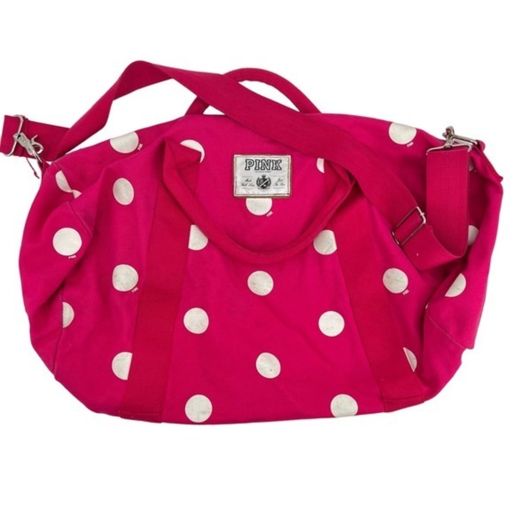 Victoria's Secret Pink bright pink polka dot duffle overnight bag zip pocket